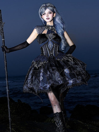 Black & Blue Bone Dragon Embroidery Halter Neck Gothic Lolita Dress Set - Ying Luo Fu