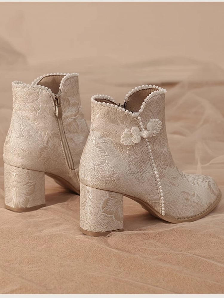 Qi Embellishments Regular/Thicken Version Boots Frog Lolita Accent Beige Button Satin Beads Floral -