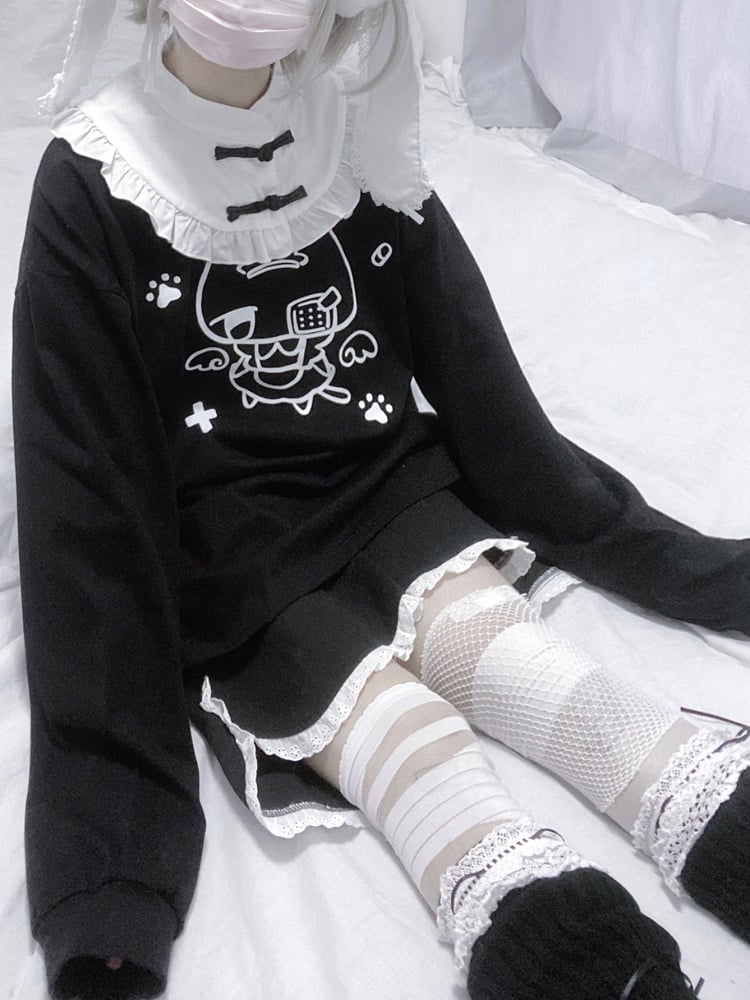 with Collar Kitten Sweatshirt and Print Frog Button Style Detachable Angelic Cheongsam Blue/Black Landmine