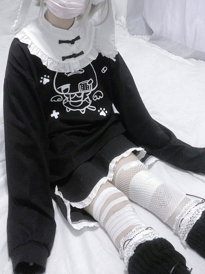 with Collar Kitten Sweatshirt and Print Frog Button Style Detachable Angelic Cheongsam Blue/Black Landmine