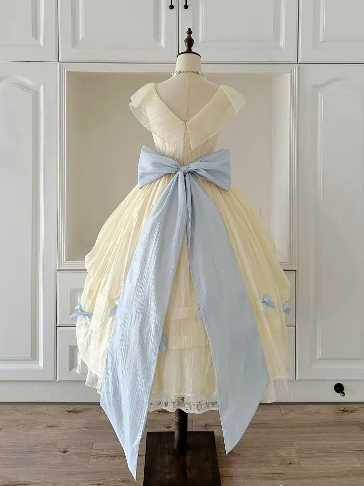 Lolita V-neck Blue Belle with Yellow Princess Detachable Dress Bows