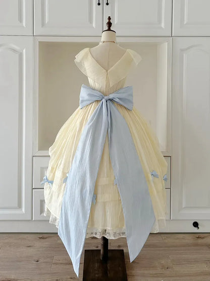 Lolita V-neck Blue Belle with Yellow Princess Detachable Dress Bows