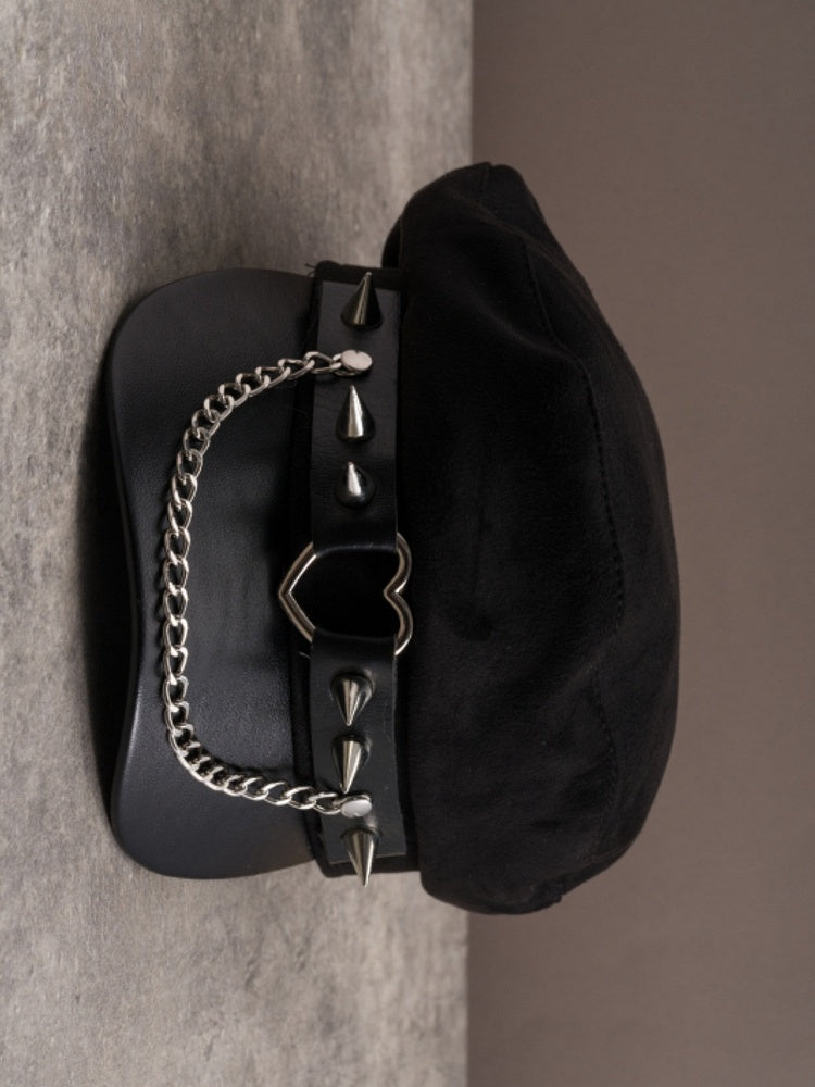 Studs Gothic Ring Beret Black Details Hat Chain Heart Charm