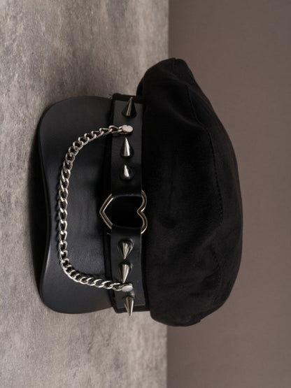 Heart Charm Ring Beret Details Hat Studs Black Gothic Chain