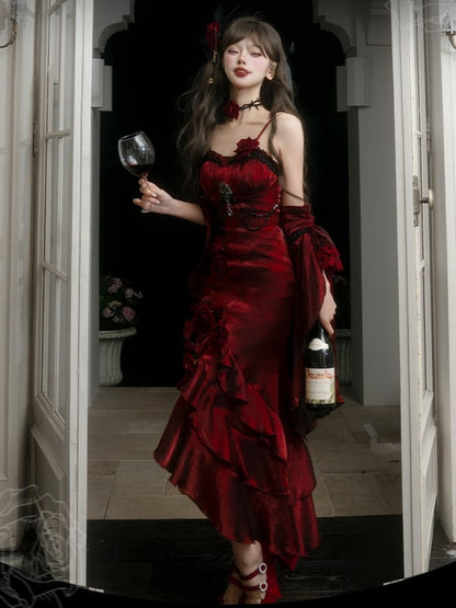 取り外し可能なフリル袖付きバーガンディレッドのイブニングドレス、ロゼットマーメイドドレス