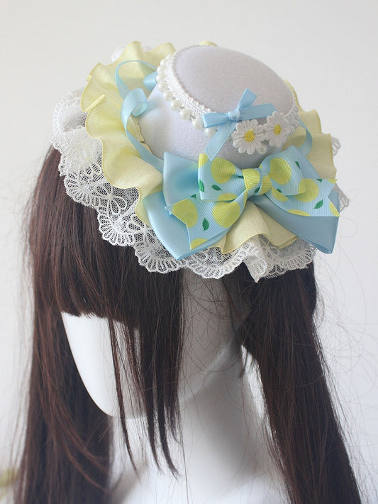 Blue Mini Bowknot Print Lemon Hat Beads Details Yellow with