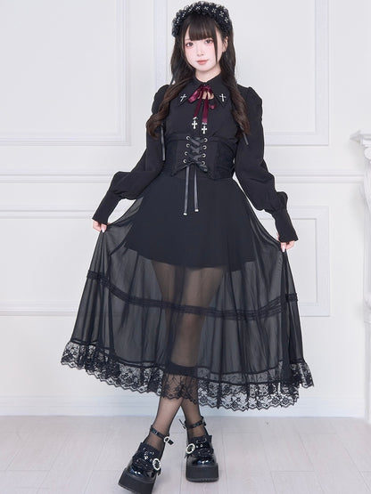 Kei Mesh Skirt with Black Overlay Corset Jirai Waist High Lacing Long