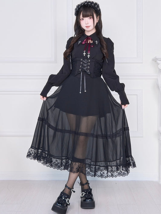Kei Mesh Skirt with Black Overlay Corset Jirai Waist High Lacing Long