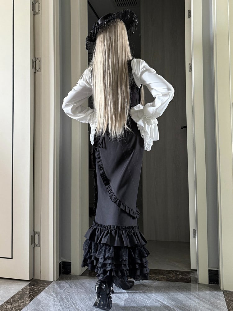 White Gothic Ruffle Lolita Blouse with Black Bow Mermaid Skirt Set - The First Witch