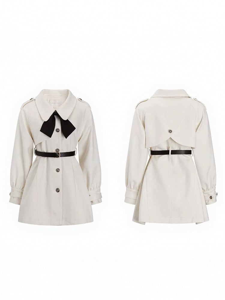 Apricot V-Neck Bow Design Coat with Belt Set - Qchiwawameme