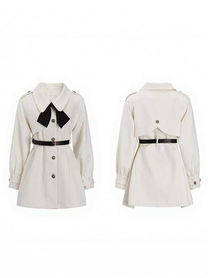 Apricot V-Neck Bow Design Coat with Belt Set - Qchiwawameme