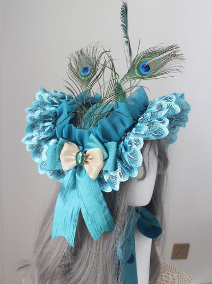 Trim Design Decorated Bonnet Lace Feather Bowknot Blue Rhinestone Peacock