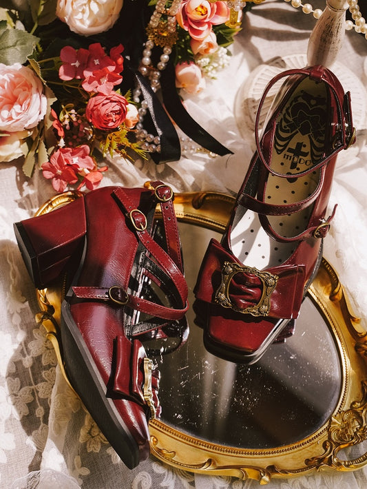 Crisscross Mid-heel Square Shoes Fashion Wine Design - Red 1990s Toe Vintage