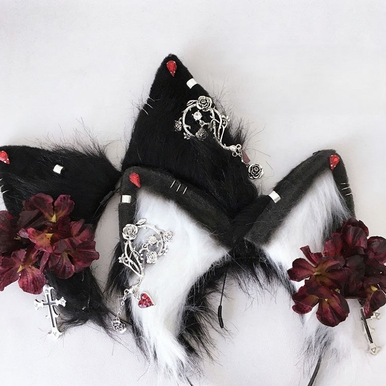 Charm Gothic Wolf Cross Ear Fur Faux KC Rosette With