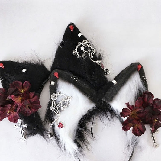 Charm Gothic Wolf Cross Ear Fur Faux KC Rosette With