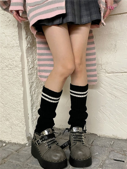 Knitted Black/White Warmers Striped Leg Pattern