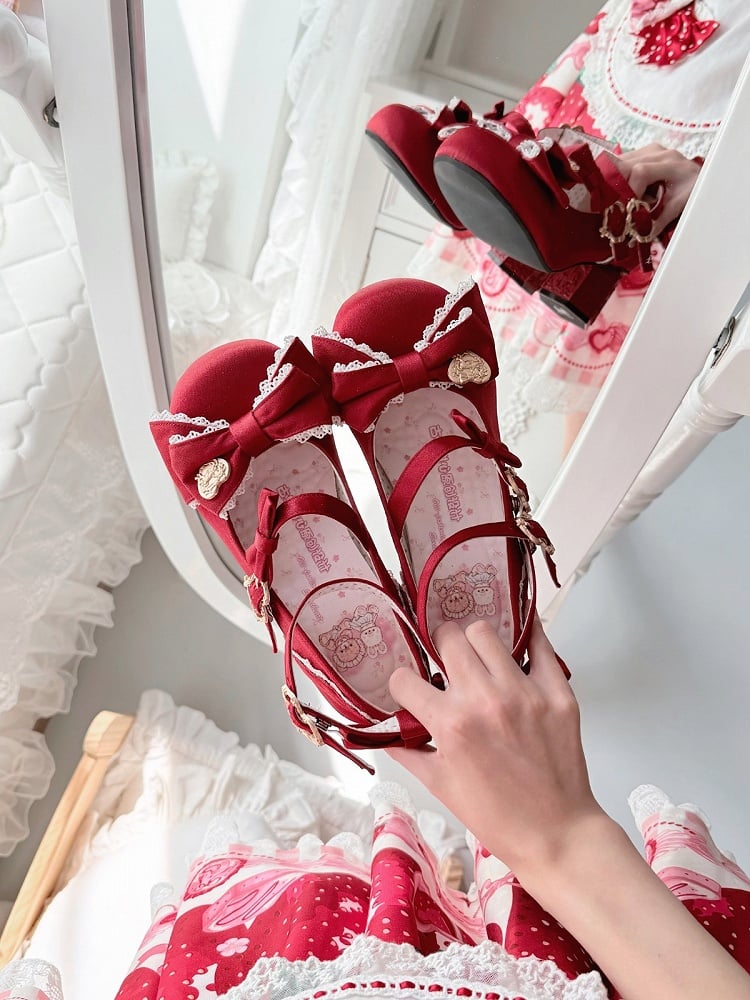 Carousel Theme Embossed Heart Buckles Wine Red 5.5cm Mid-Heels Shoes - Vintage Sweetheart
