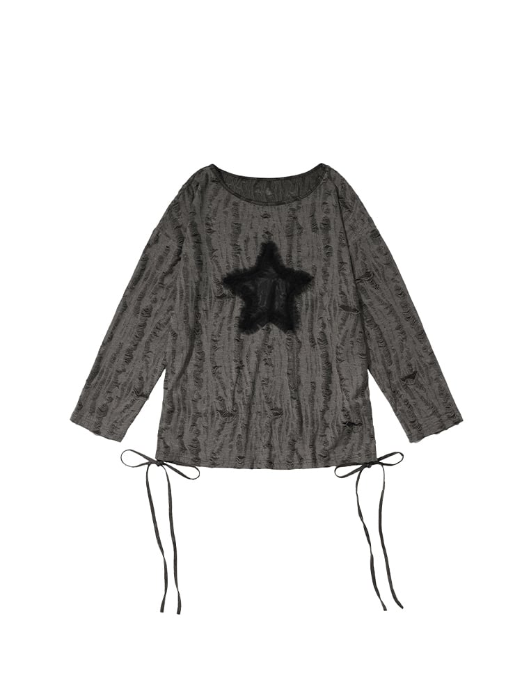 with Hem Distressed Graphic Tie Top Hole Gray Star Off-Shoulder Detail