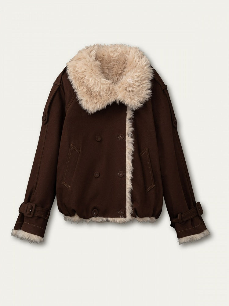 Vintage Double-sided with Brown Cuffs Faux Buckle Jacket Fur