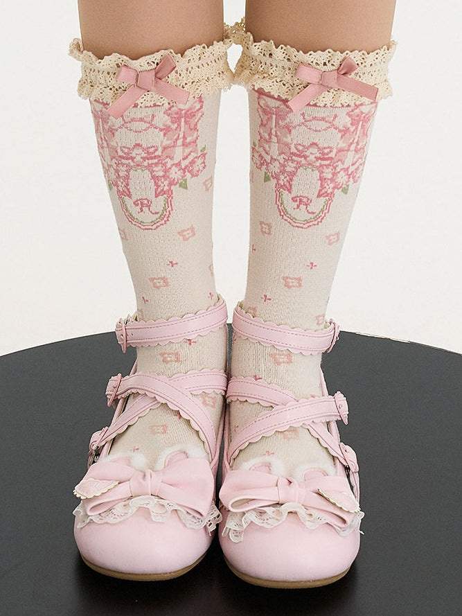 with Pink Mary Bow Adjustable Sweet PU Janes - Buttons Plush Crisscross Snap Heart Lolita Ear Design Bear