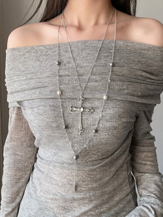 Silver Cross Beaded Layered Necklace - YSHXS