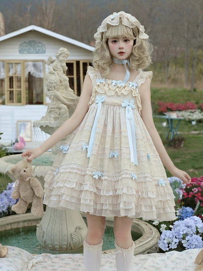 with Layered Dress Blue Accents Sweet Lolita Bow and Ruffles Sleeves Apricot Flutter