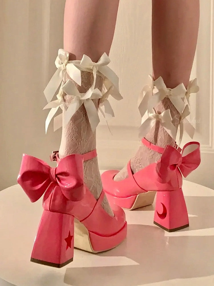 Moon and Celestial Back Y2K Cut-Out Buckles Style Star with Platform - Heels Rose Bow Red