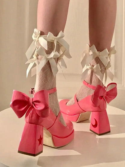 Moon and Celestial Back Y2K Cut-Out Buckles Style Star with Platform - Heels Rose Bow Red