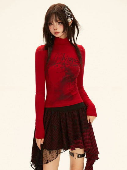 Red - Long Neck Top Design Sleeves Mock Kitten Letter Print Y2K