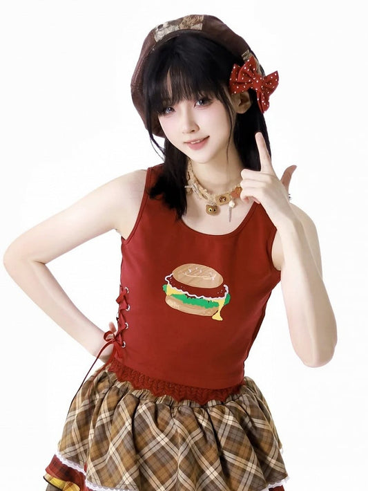 Weiß/Rotes Spitzen-Tanktop mit Burger-Print und Schnürung im Detailbesatz