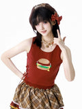 Tanktop mit Schnürung und weiß-roter Spitze im Burger-Print