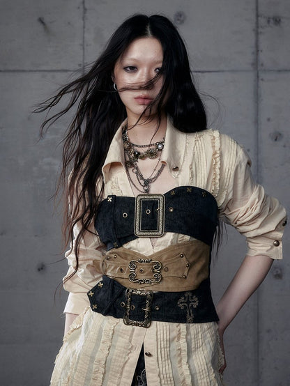 Punk Rococo Yellow Three-Strap Cross Metal Buckles with Black Embroidery Bustier