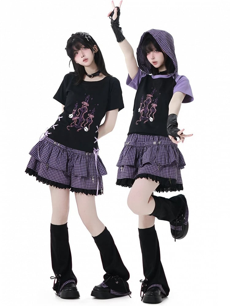 Plaid Hood Graphic T-Shirt Black  Purple Colorblock Design