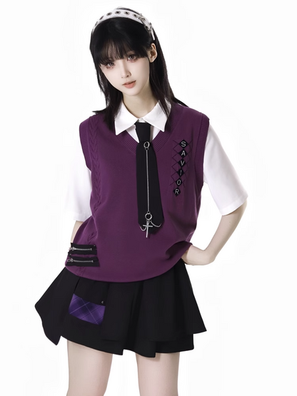 春のニットベスト ジッパーディテール スタイル パープル Vネック プレッピー