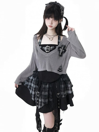 Y2K with Sweater Plaid Decor Gray/Black V-Neck Cross Distressed Holes Knit Grunge