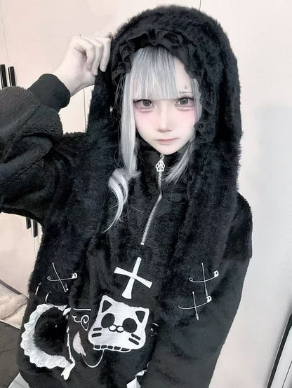 Black Bunny Ears Plush Hat with Self-tie Pompon Straps and Pin Details