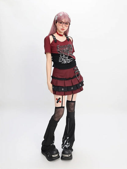 バタフライプリントTシャツ ショートカラーブロック カットアウトショルダーバージョン レッド/ピンク/パープル Y2K