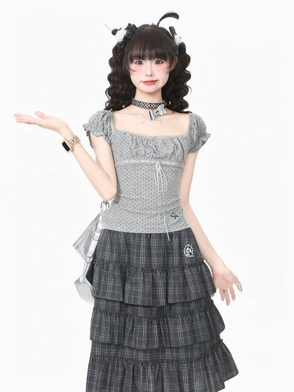 Kawaii Gray Polka Dot Square Neck Ruffle Top - Languid Park