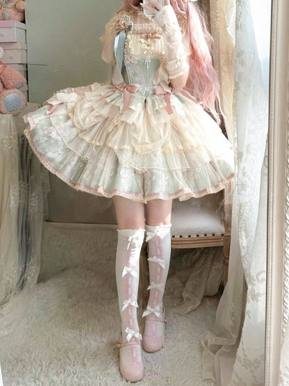 + Princess Green Pink Floral Print and Boned Balletcore Corset Top Skirt Lolita