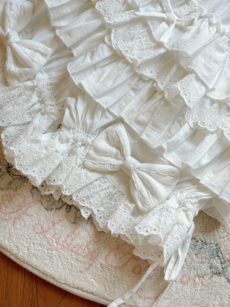 White Lolita Cotton Bloomers Tiered Ruffles Bow Accents - Jelly Girl