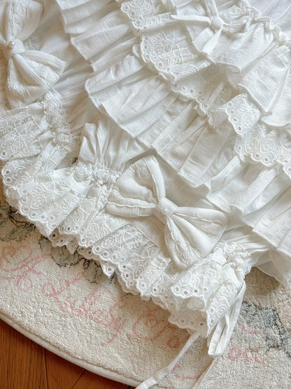 White Lolita Cotton Bloomers Tiered Ruffles Bow Accents - Jelly Girl