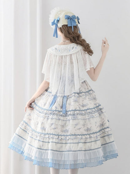 Floral Layered Ruffles Long Elegant Lolita White Version Print Dress Blue Classic