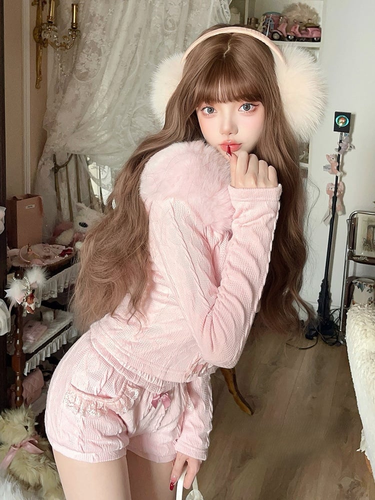 Pocket With Fleece Bow Lace-Trimmed Knit Shorts Pink