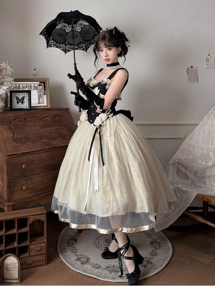 JSK Corset Nœud Abricot avec Ornements Roses en Perles - Qian Mu