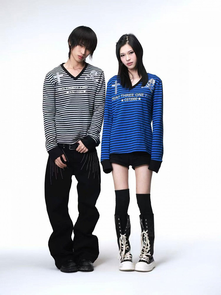Genderless Black & Blue V-Neck Striped Long Sleeve Top Cross Skull Rhinestone