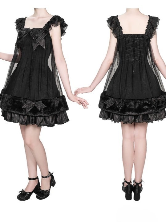 Black Gothic Pearl Bowknot JSK Dress with Plush - Kuroya