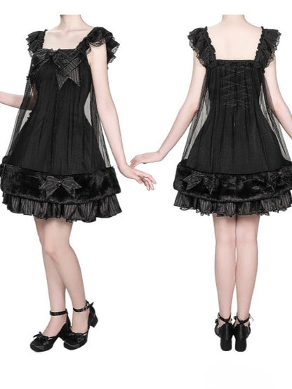 Black Gothic Pearl Bowknot JSK Dress with Plush - Kuroya
