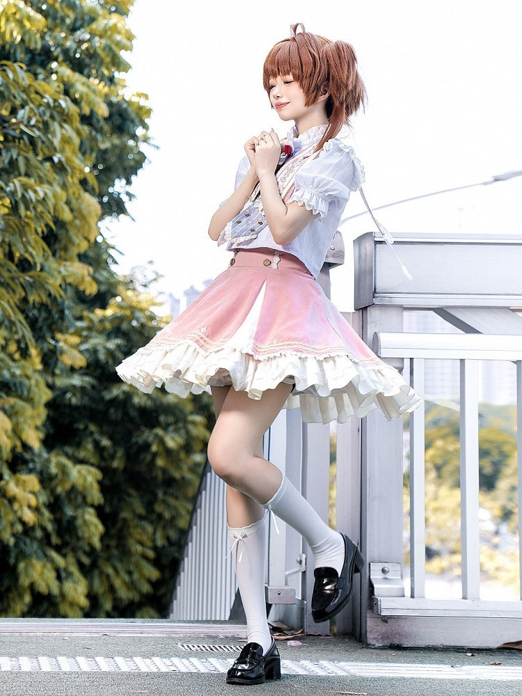 Buttons Gold-Tone Lace Trim Skirt Pink with and Waist High Lolita