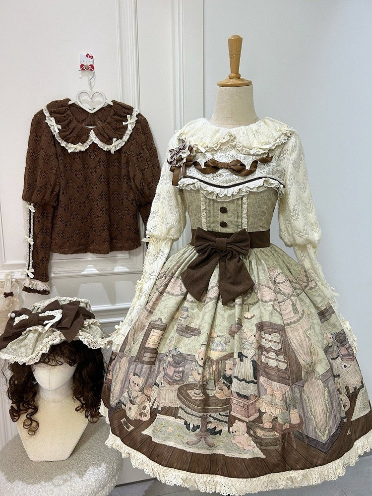 ロングピータークリーミーニットスリーブパントップカラー