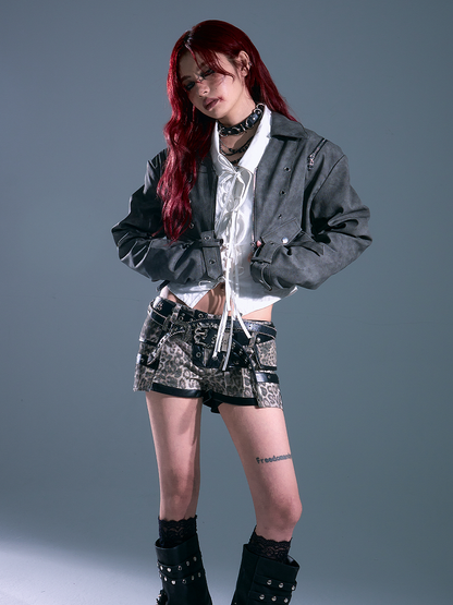 Punk Accent Gray Distressed Pocket - Jacket Cropped Dark Design